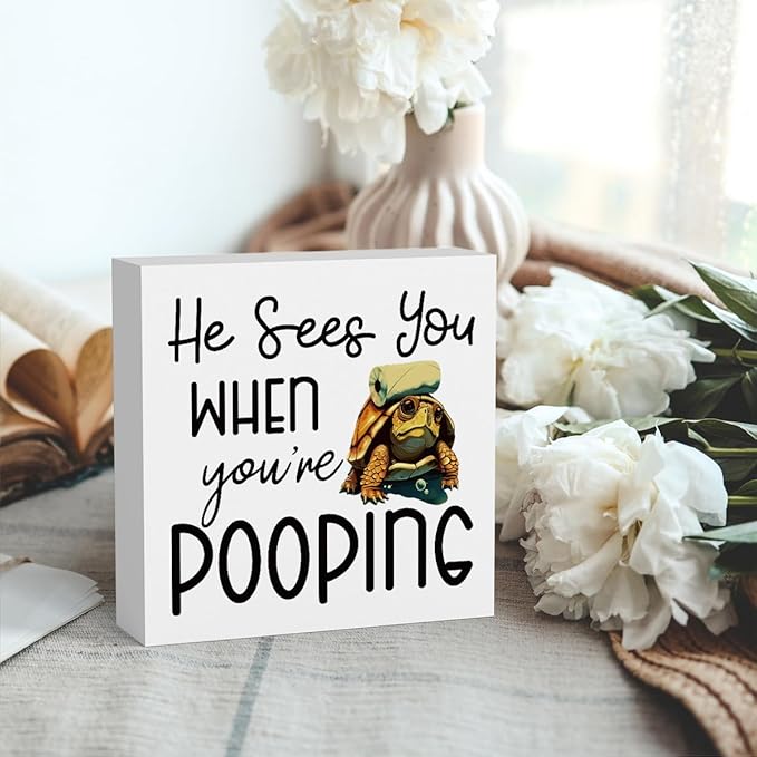 Funny Sea Turtle Bathroom Decor, Bathroom Beach Decoration, Are You Pooping Sign Funny Ocean Turtle Decor, Wooden Box Decor Sign for Home Farmhouse Office Living Room Table Shelf Tiered-Ruum Studio Home