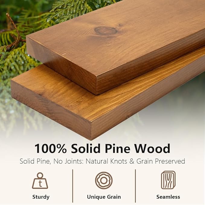Habudda Floating Shelves, Wall Shelf for Bathroom Bedroom Kitchen, Natural Pine Real Wooden Shelves, Wall Mounted, 100% Pine, Set of 2, 30 Inches Long, Honey Oak-Ruum Studio Home