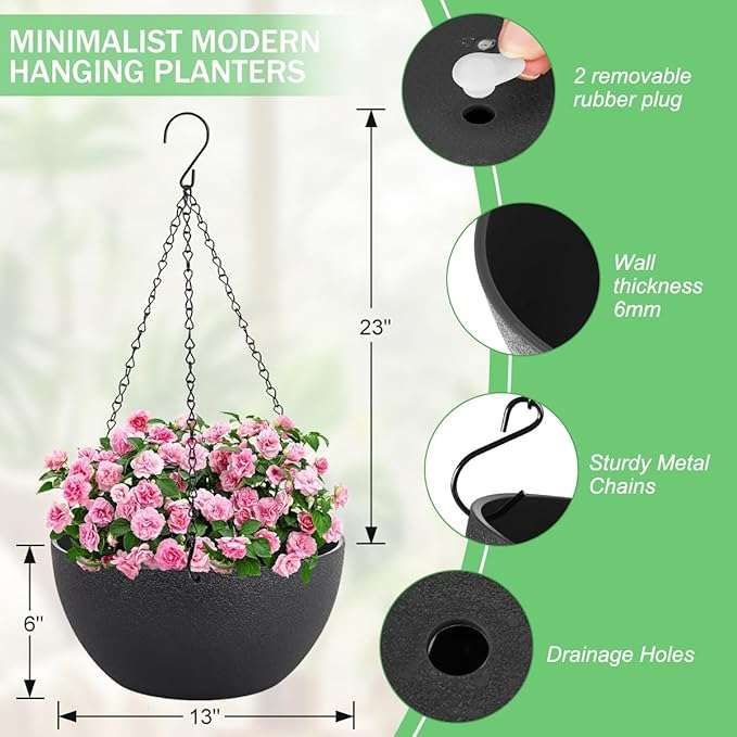 13 inch Hanging Planters for Indoor Plants, 2 Pack Planters for Outdoor Plants with Drainage Holes and Chain, Round Plastic Hanging Baskets, Hanging Flower Pots for Balcony Garden Decor-Black-Ruum Studio Home