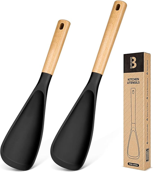 Multifunction Spatula Spoon for Nonstick Cookwares, Great for Cooking and Serving, Sturdy BPA-Free Matte Silicone, Wood Handle Spatula for Mixing, Scoop, and Scrape, Black(2 pack,11.4" & 13.4")-Ruum Studio Home