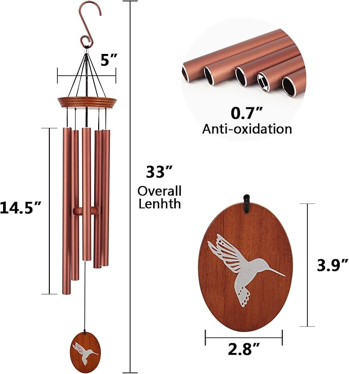 Hummingbird Outdoor Wind Chimes - 33" Tall, Tuned Melody, Memorial Gift for Mom/Grandma, Weather-Resistant, Perfect Decoration for Patio, Garden, Yard & Indoors-Ruum Studio Home