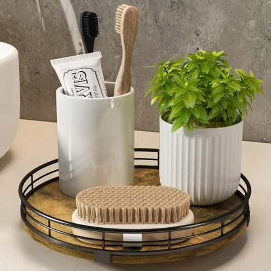 Lazy Susan Turntable Organizer for Table Top, 9’’ Round Wooden Lazy Susan for Cabinet Kitchen Countertop Pantry Dining Coffee Table for Condiments Spices, Rustic Bathroom Vanity Tray for Soap Candle-Ruum Studio Home