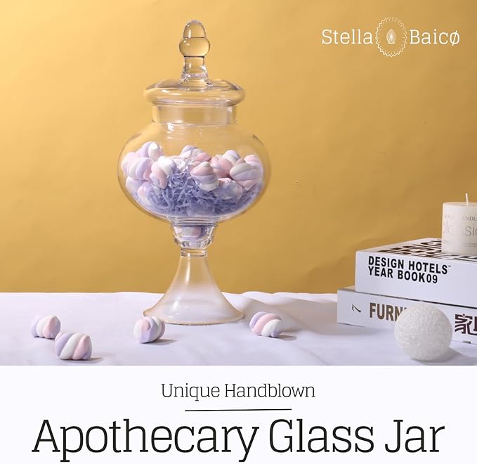 Stella Baic Hand-Blown Glass Apothecary Jar with Lid, Minimalist Style, Decorative Jar, Clear Glass Candy Jar, Height: 12.6", Diameter: 6.5-Ruum Studio Home