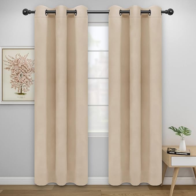 Easy-Going Blackout Curtains for Bedroom, Solid Thermal Insulated Grommet and Noise Reduction Window Drapes, Room Darkening Curtains for Living Room, 2 Panels(42x84 in, Beige)-Ruum Studio Home