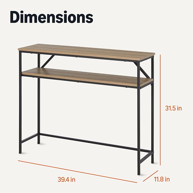 Amazon Basics Rectangular Console Table with Storage Shelf, Steel Frame, 39x31x11.8 in, Oak Finish-Ruum Studio Home