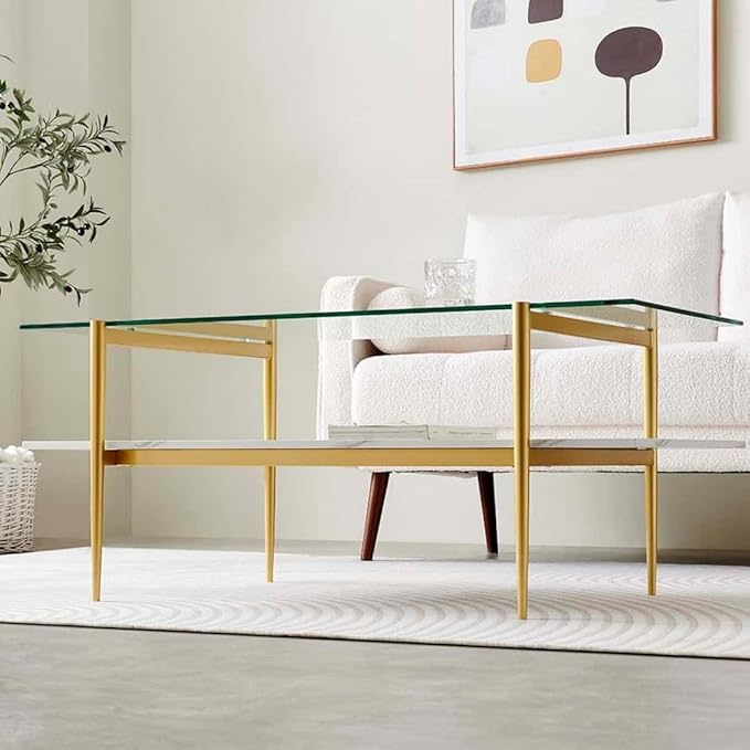 Rectangle Coffee Table for Living Room, Mid-Century Modern Design, L41 x W21 x H17, 2-Tier Structure, Clear Glass Top and White Marble Finish Wood Shelf, Conical Legs with Gold Finish-Ruum Studio Home