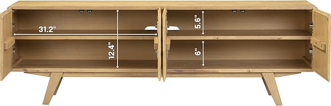 NTC Sapa Mid-Century Modern Solid Wood TV Stand 4-Door Media Console with Carved Geometric Fronts for TVs up to 75", Effortless Assembly, Sand-Ruum Studio Home