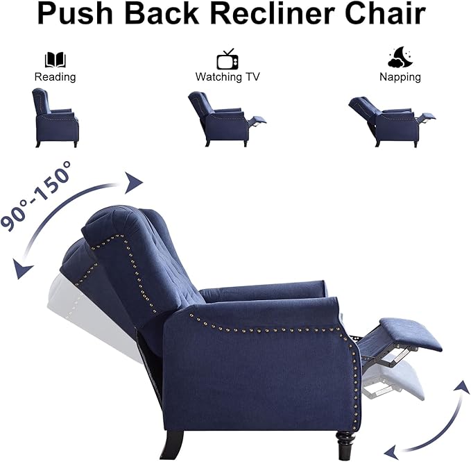 EBELLO Pushback Recliner Chair, Fabric Armchair Push Back Recliner with Rivet Decoration, Single Sofa Accent Chair for Living Room, Bedroom, Navy Blue-Ruum Studio Home