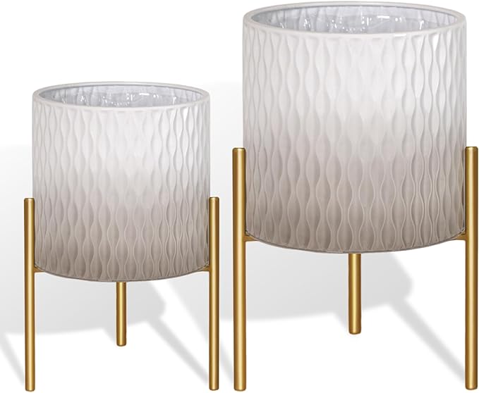 ARNIS Plants Pots with Stand, Set of 2 Indoor Planter Pots, Unique Mid Century Decorative Metal Flower Pots with Drainage,8.25 & 10.5 Inch, Grey and White-Ruum Studio Home