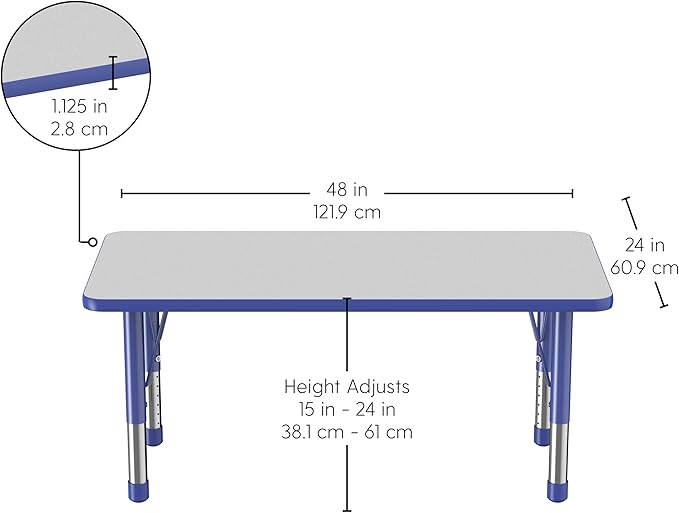 FDP Rectangle Activity School and Kids Classroom Table (24 x 48 inch), Toddler Legs, Adjustable Height 15-24 inches - Gray Top and Blue Edge-Ruum Studio Home