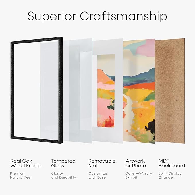 Homeforia A4 Picture Frame Black Wood, High-End Oak 8.3 x 11.7 Black Poster Frames Matted to 5.8 by 8.3 Photo, 8.3x11.7 Size Wooden Frame with Mat for 5.8x8.3 Print, Tempered Glass, Wall Kit, Set of 1-Ruum Studio Home