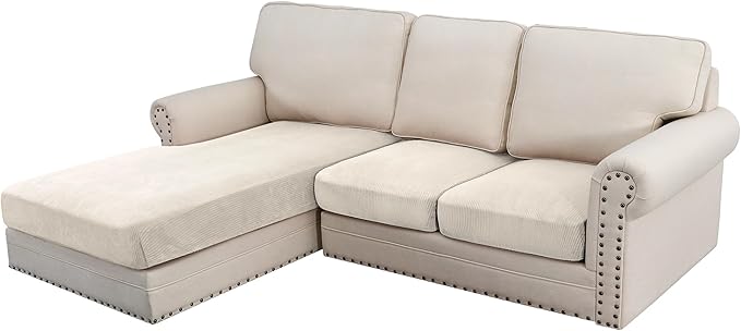 H.VERSAILTEX Velvet Stretch Sectional Couch Covers 3 Pieces, L Shape, Ivory Striped (Large Sofa 2 Seater + 1 Chaise)-Ruum Studio Home