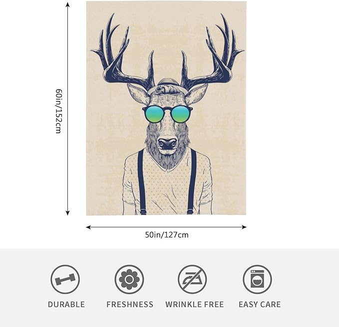 HGOD DESIGNS Deer Throw Blanket Deer Dressed up Like Cool Hipster Blanket Super Soft Flannel Throw Blanket Lightweight Plush Fuzzy Bed Blanket for Bedding Sofa and Travel 50"X60"-Ruum Studio Home