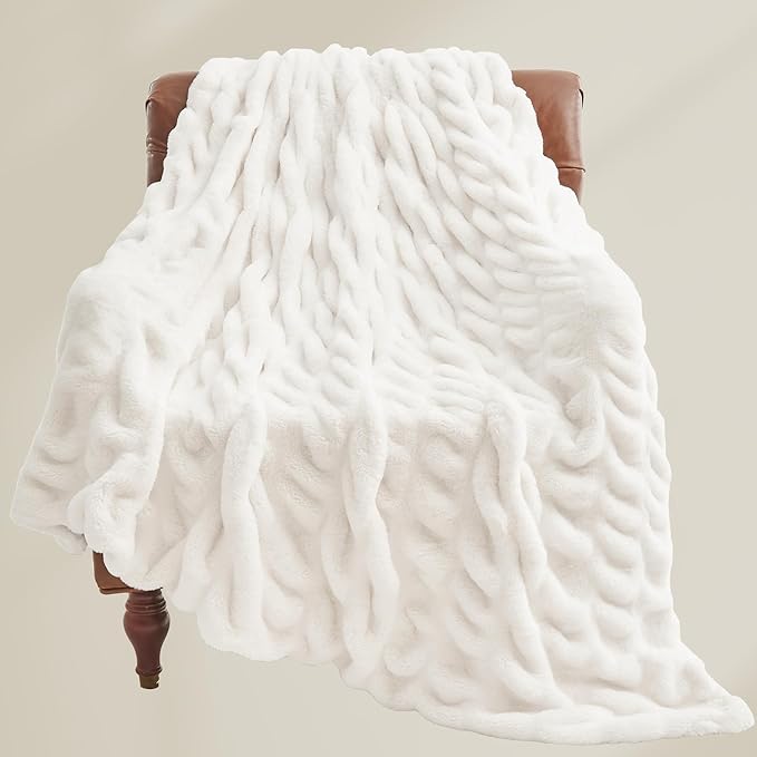 BEDELITE Faux Fur Throw Blanket for Couch, Soft and Cozy Boho Ruched Fluffy Blanket, Warm Plush Fuzzy Faux Rabbit Fur Blanket for Women Gift (Cream, 50"x 60")-Ruum Studio Home