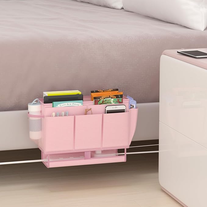 Bedside Caddy, Bed Organizer with 11 Pockets and Power Strip Holder, Versatile Bedside Storage Caddy for Home,Dorm,Bunk,Hospital,Crib Bed (2 Pack Pink)-Ruum Studio Home
