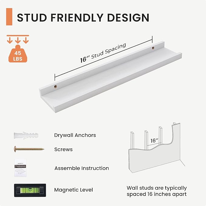 Solid Ash Wood Picture Ledge Shelf, 24 Inch Floating Shelves with Lip Set of 2, Photo Ledge Shelf Nursery Bookshelf Wall Mounted for Living Room Bedroom Decor, White-Ruum Studio Home
