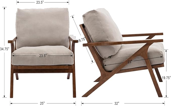 Wahson Mid Century Armchair, Accent Armchair, with Wood Frame and Canvas Cushions, Leisure Slipper Chair for Living Room/Bedroom, Beige-Ruum Studio Home