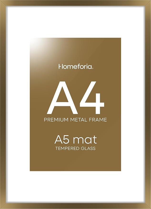 Homeforia A4 Picture Frame Bronze, High End Metal 8.3 x 11.7 inch Brass Poster Frames with Mat 5.8 by 8.3 Print, A4 Frames Matted to A5 Photo, 8.3x11.7 Wall or Tabletop Frame, Tempered Glass, Set of 1-Ruum Studio Home