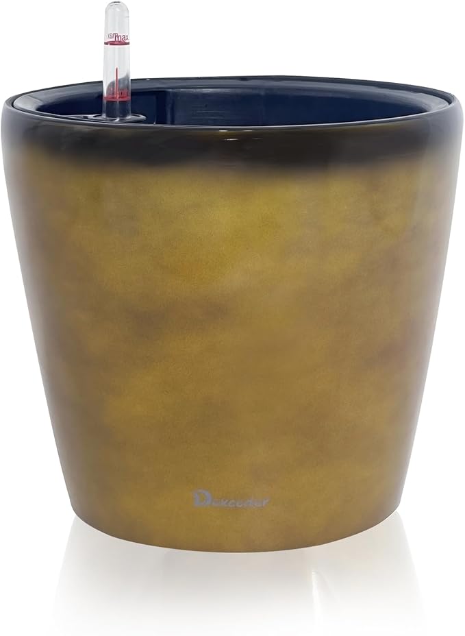 Dexceder 11x10 Inches Self Watering Planter Indoor Outdoor, Inner Pot Design, Thickened Table Flower Plant Pot with Water Level Indicator (Yellow Brown Gradient)-Ruum Studio Home