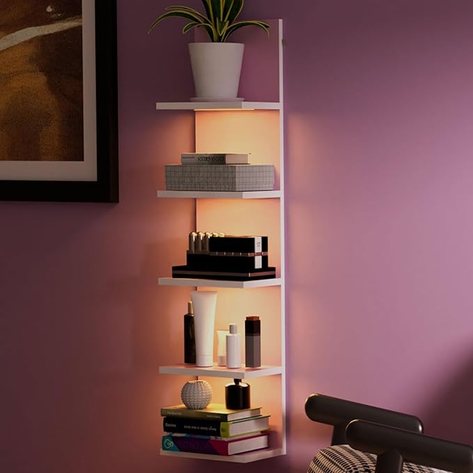 5 Tier Wall Shelf Unit,Modern Vertical Lack Wall Shelves with Light, Wall Mount, Floating Column Home Decor Shelves for Bedroom, Living Room, Vanity Storage Display(Pink)-Ruum Studio Home