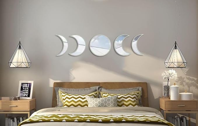 5 pcs Scandinavian Natural Decor Acrylic Moonphase Mirrors Interior Design Moon Phase Mirror Bohemian Wall Decoration for Home Living Room Bedroom Decor - No Need to Punch (Gold)-Ruum Studio Home
