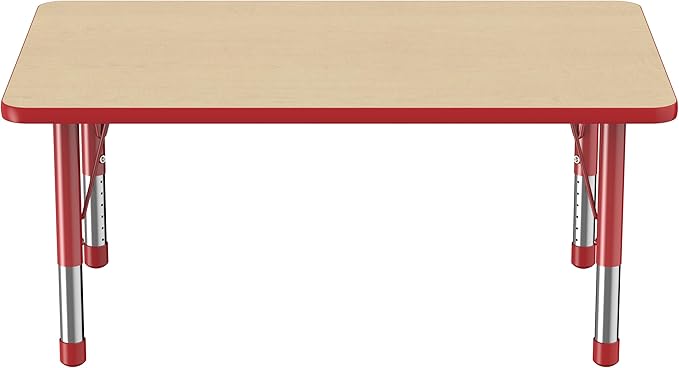 FDP Rectangle Activity School and Classroom Kids Table (30 x 48 inch), Chunky Toddler Legs, Adjustable Height 15-24 inches - Maple Top and Red Edge-Ruum Studio Home