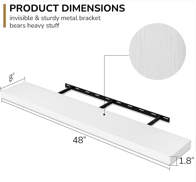 Fun Memories 48 Inch Floating Shelves - Fireplace Mantel Shelf - Deep Wall Mounted Wood Storage Shelf for Bedroom, Kitchen, Farmhouse - 1 Pack, Rustic White-Ruum Studio Home
