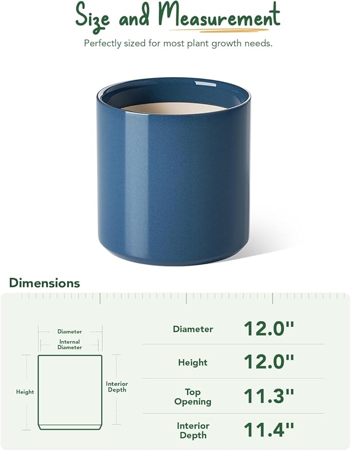 LE TAUCI 12 Inch Pots for Plants, Ceramic Large Plant Pot for Indoor Plants, Mid-Century Modern Flower Planter Pots with Drainage Hole and Removable Plug, Round Planter Pot, Reactive Glaze Blue-Ruum Studio Home