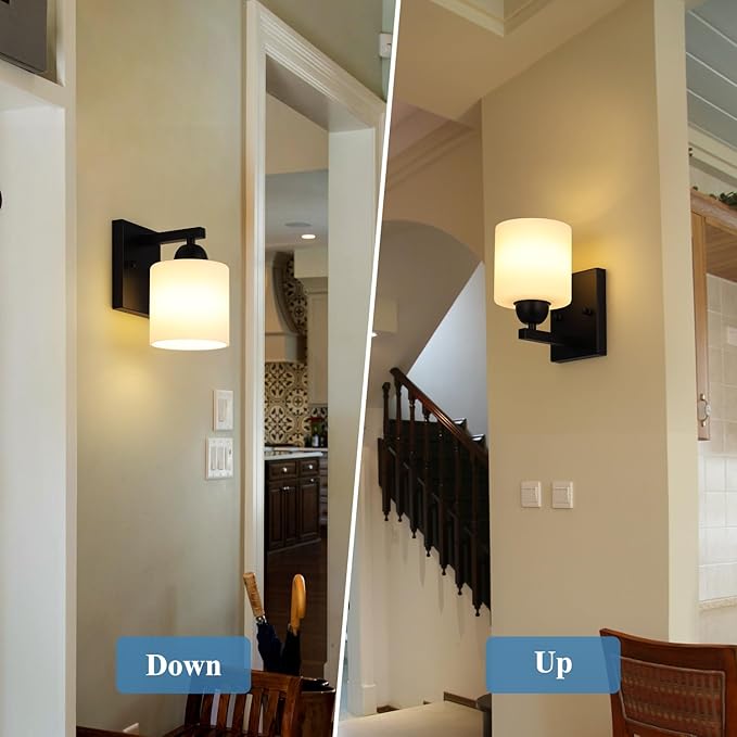 Matte Black Milk Glass Wall Sconces, 1 Pack Hardwired Indoor Wall Light Fixtures for Living Room, Hallway, Bedroom, Ceramic E26 Sockets (Bulbs Not Included)-Ruum Studio Home
