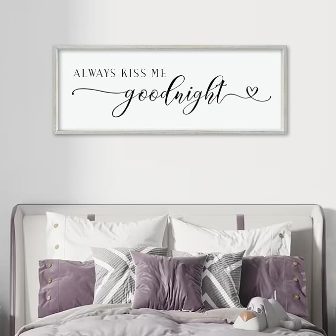 comurdyo Always Kiss Me Goodnight Sign for Bedroom Above bed Wall Decor 40''×15'' Large Wood Frame For Couples Over Bed Hanging Wall Art (White)-Ruum Studio Home