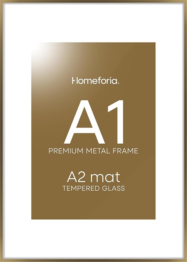 Homeforia A1 Poster Frame Bronze, High End Metal 23.4 x 33.1 inch Large Picture Frames with Mat for 16.5 x 23.4 Photo, A1 Size Brass Frame Matted to A2 Print, 23.4x33.1 Frame, Tempered Glass, Set of 1-Ruum Studio Home