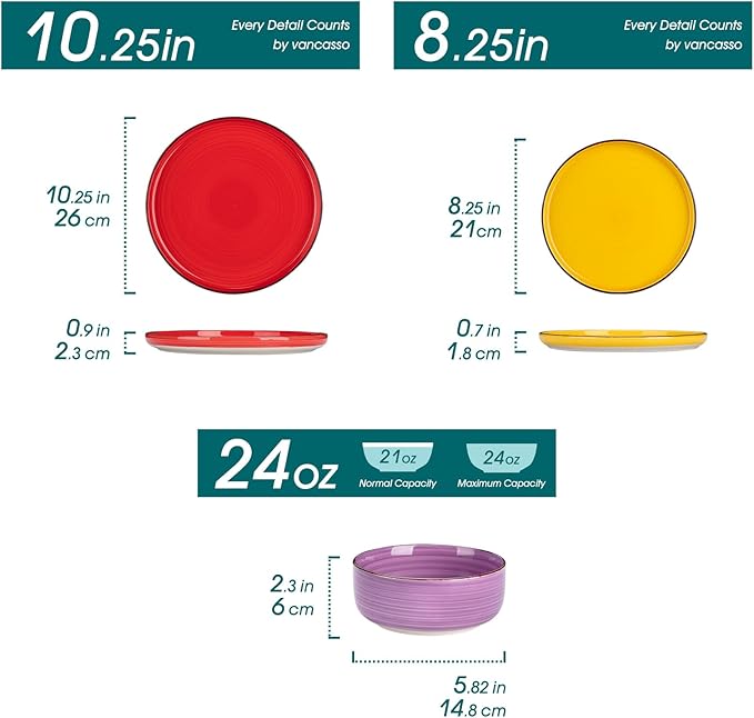 vancasso Bonita Stoneware Dinnerware Sets, 12 Pieces Dishes Set，Polished Round Plates and Bowls Set for 4, Dishwasher and Microwave Safe, Multicolor-Ruum Studio Home