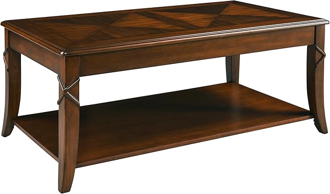 Solid Wood Coffee Table with Storage Shelf, Mid-Century Living Room Tables with Carved Tabletop and Leg, 43.3” Splicing Cocktail Center Sofa Table, Cherry Brown KFZ-DR200-Ruum Studio Home