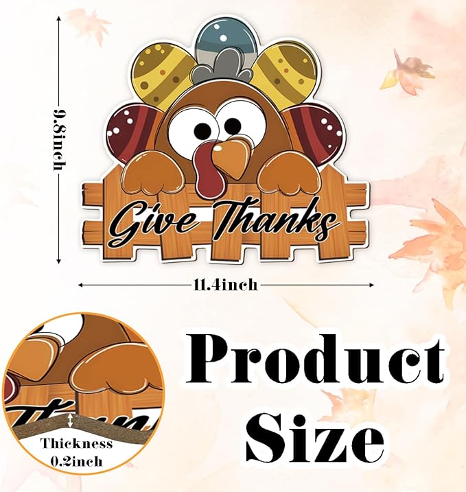 Give Thanks Sign Turkey Front Door Decor Thanksgiving Day Wood Door Hanger, Fall Wooden Thankful Wreath Hanging Decoration for Outdoor Outside Porch, Housewarming Gift-Ruum Studio Home