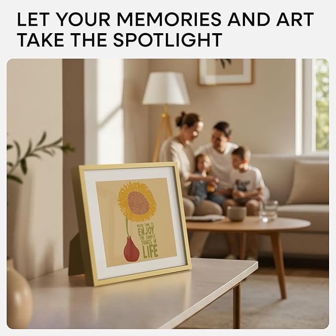 Homeforia 8x8 Picture Frame Gold, High End Metal 8 x 8 Square Photo Frames with Mat 6 by 6, 8x8 Poster Frame Matted to 6x6 inches Print, 8by8 Wall or Tabletop Frame, Tempered Glass, Wall Kit, Set of 1-Ruum Studio Home