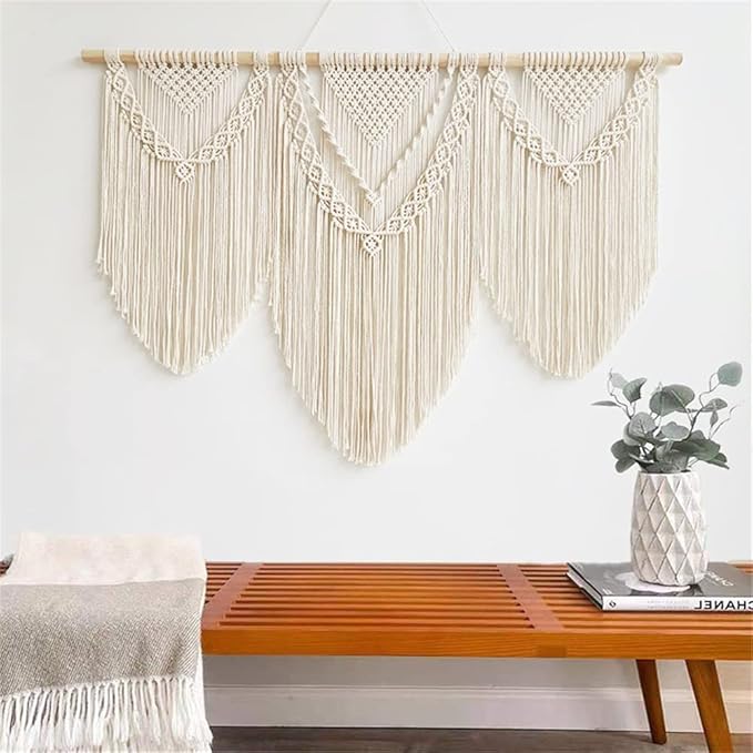 large macrame wall hanging - Boho Tapestry Macrame Wall Decor Art- Chic Bohemian Handmade Woven Tapestry Home Decoration for Bedroom Living Room Apartment Wedding Party - 43"x32" (Beige-Triangle)-Ruum Studio Home