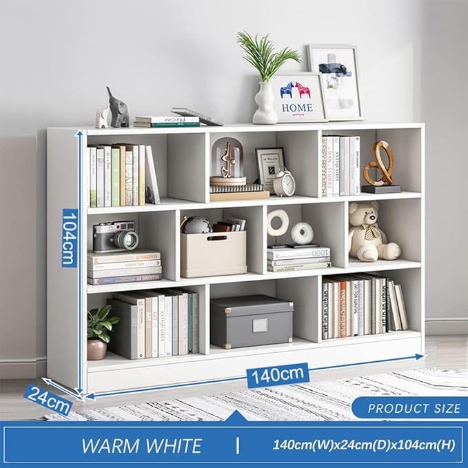 IOTXY Open Shelf Low Bookcase - Wooden 3-Tier Floor Standing Display Cabinet Organizer with Base, 10 Cubes Short Horizontal Bookshelf in Warm White-Ruum Studio Home