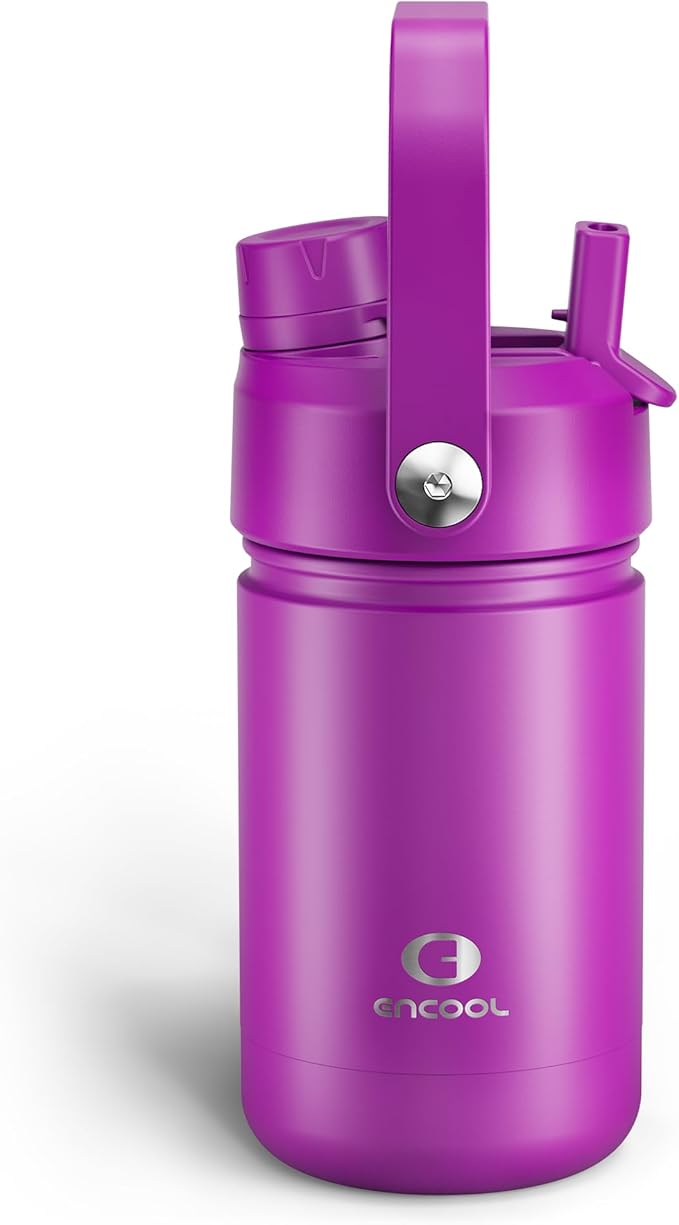 Kids Insualated Water Bottle with Straw - 12oz Stainless Steel Water Bottle with Dual Spouts, Leak-Proof, BPA-Free, Double Wall Vacuum Keeps Cold for 24 Hours for Sports, Travel (Bright Magenta)-Ruum Studio Home