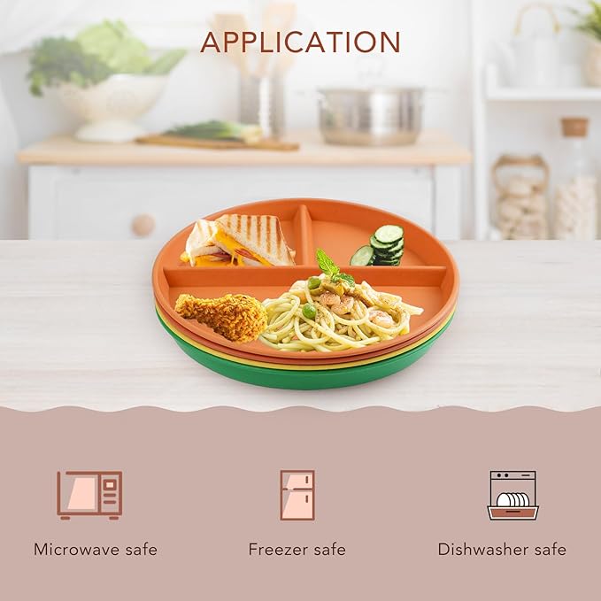 greenandlife 9 Inch 4PCS Unbreakable Portion Control Plates, Divided Plates for Kids Adults, Dishwasher & Microwave Safe Compartment Plate, Lightweight Reusable Wheat Straw Plate, BPA Free-Ruum Studio Home