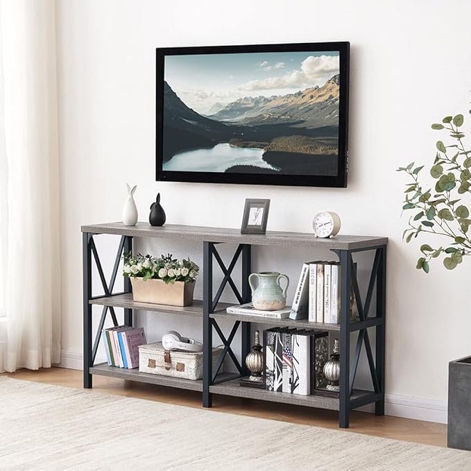 LVB Rustic Sofa Table, Farmhouse Console Table for Living Room, Hallway entryway Table with Storage, Entry Table for Foyer, Light Grey Oak, 55 Inch-Ruum Studio Home
