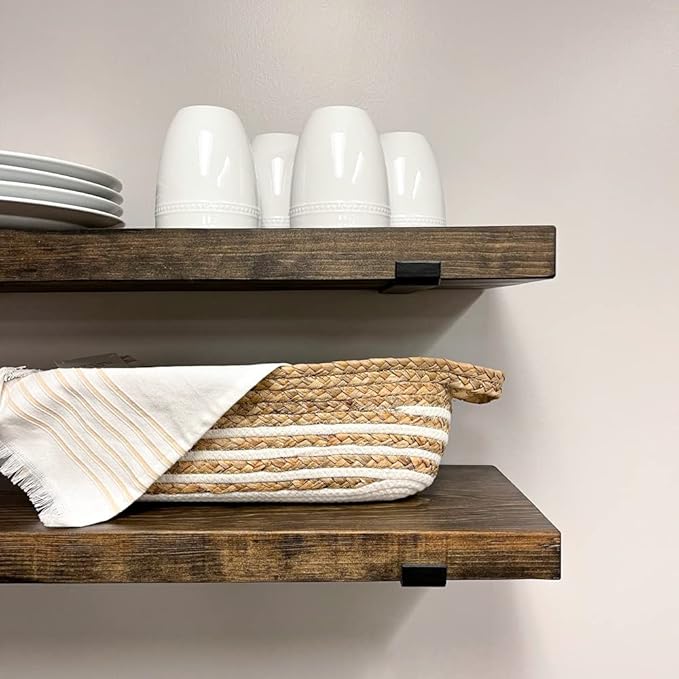 Rustic Shelves with J-Brackets Set of 2, Industrial Shelf, Kitchen Shelves, Solid Wood, Decorative Wall Storage, Heavy Duty, URBANDI (Dark Brown, 12Wx6D)-Ruum Studio Home