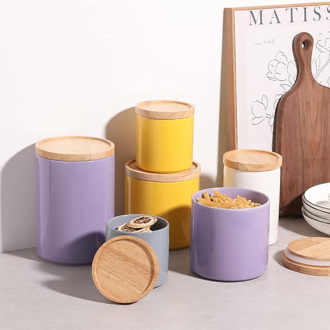 Sweejar Ceramic Food Storage Jar, Stackable Kitchen Canisters, Containers with Airtight Seal Wooden Lid for Serving Coffee Grounds, Coffee Bean, Flour, Tea, Spice and More - 39 Fl Oz (Purple)-Ruum Studio Home