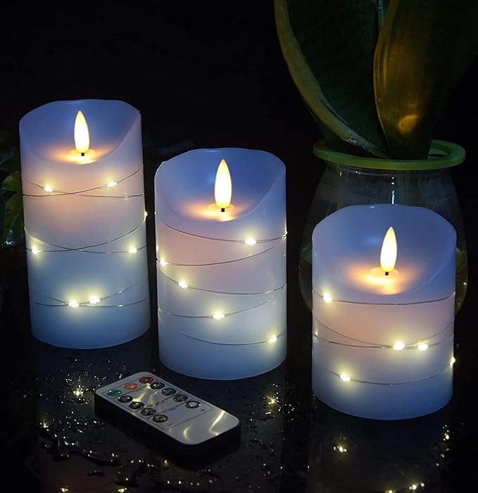 danip Sky Blue LED Flameless Candle, with Embedded Star String, 3-Piece Set of LED Candles, with 11 Button Remote Control, 24-Hour Timer Function, Dancing Flames, Real Wax, Battery Powered.-Ruum Studio Home