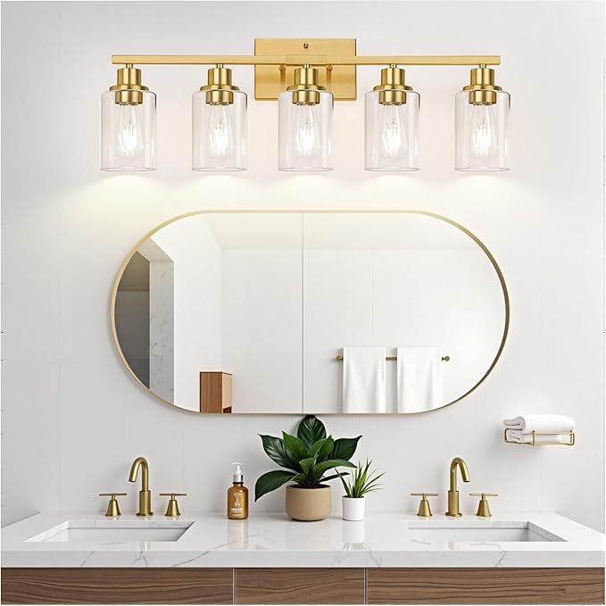 5-Light Bathroom Vanity Light with Clear Glass Shades, Brushed Gold Bathroom Light Fixtures Over Mirror, Modern Vanity Light for Mirror Living Room Cabinet Bedroom Porch-Ruum Studio Home