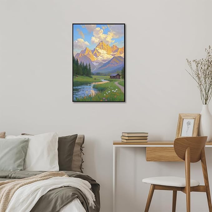 The mountain stream and lawn scenery under the sun is suitable for posting in the living room bedroom office landscape poster wall painting-Ruum Studio Home