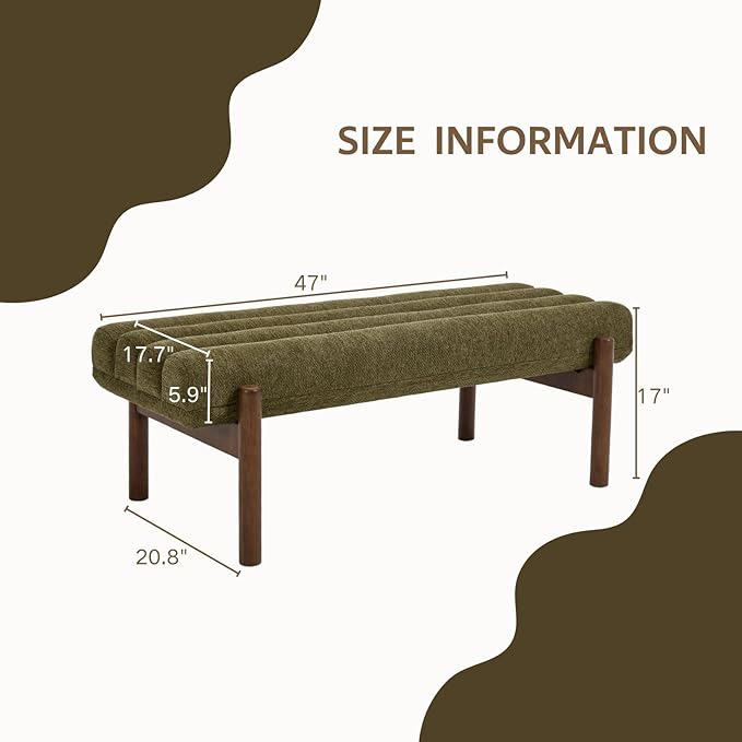 Green Upholstered Bench Modern End of Bed Bench Chenille Fabric Bedroom Bench for Entryway Living Room Vanity Makeup Room, 47" Long, Wooden Legs-Ruum Studio Home