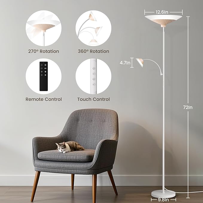 Torchiere Floor Lamp with Wood Grain Shade, 72" Dimmable LED Standing Lamp with Remote, 2-in-1 Floor Reading Lamp with Color Changing, 34W White Corner Lamp for Living Room Bedroom Office-Ruum Studio Home