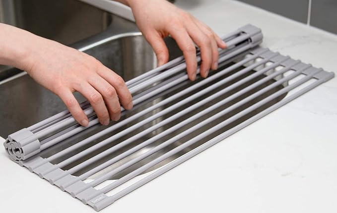 Surpahs Over Sink Foldable Multipurpose Roll-Up Dish Drying Rack, Silicone Wrapped Stainless Steel, Warm Gray, 20.5" x 15.5"-Ruum Studio Home
