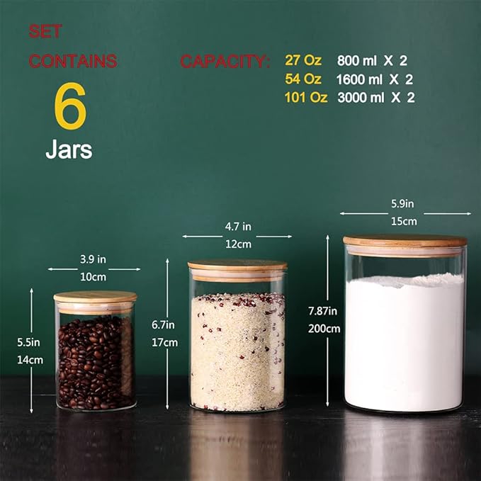 Glass flour Jars with Airtight Lids, 6 Pack Sugar and Flour Salt Containers Set, Extra Large Glass Rice Jar with Bamboo lid for Kitchen, Brown Suger, Beans, Groub Coffee (100OZ/54OZ/27OZ)-Ruum Studio Home