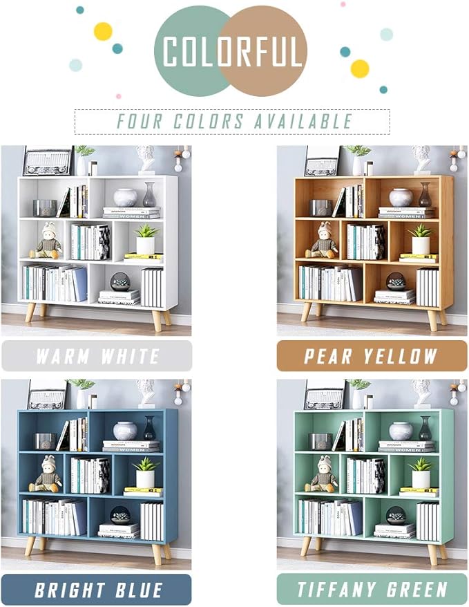 IOTXY Wooden Open Shelf Bookcase - 3-Tier Floor Standing Display Cabinet Rack with Legs, 7 Cubes Bookshelf, Pear Yellow-Ruum Studio Home